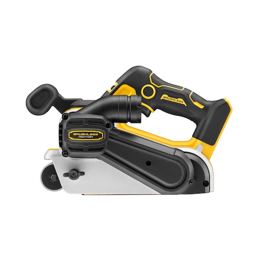 A DEWALT cordless belt sander with a brushless motor, featuring a black and yellow ergonomic handle and sturdy construction, shown against a white background.