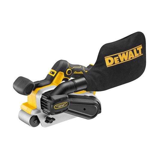 A DEWALT cordless belt sander with a brushless motor, featuring a dust collection bag attached to the side. The tool has a yellow and black color scheme and ergonomic handle design.