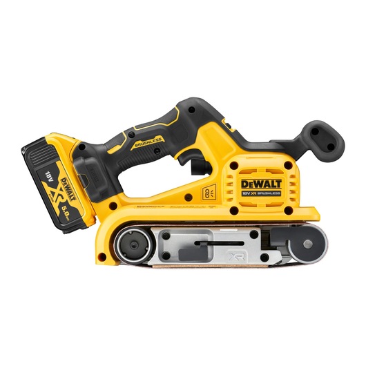 DEWALT cordless 18V XR brushless belt sander with black and yellow body and ergonomic handle, shown in side profile view.