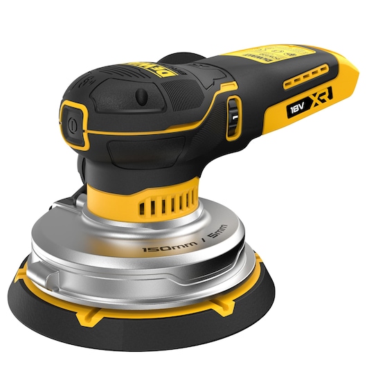 DEWALT 18V XR cordless random orbital sander, 150mm pad, ergonomic design for woodworking or finishing.
