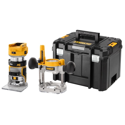 A DEWALT 18V cordless router set shown with a plunge base, a fixed base, and a black and yellow hard carrying case.