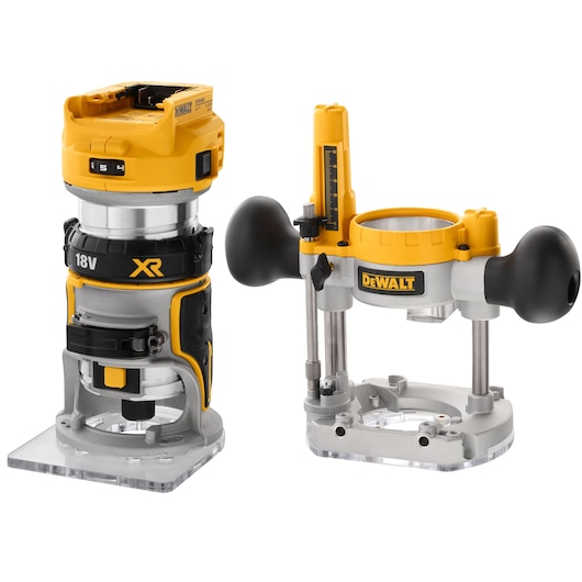 DEWALT DCW604N 18V cordless router shown with two bases: a fixed base on the left and a plunge base with two handles on the right. Both tools are yellow and black with silver components, displayed against a white background.