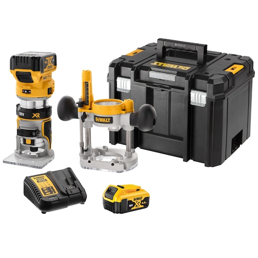 DEWALT DCW604P2 18V XR cordless router kit including a compact yellow and black router, plunge base, battery charger, 18V XR 4.0Ah battery, and a rugged black carrying case with DEWALT branding. All components are arranged neatly on a white background.