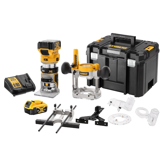 DEWALT DCW604P2 cordless router set including a compact router, plunge base, battery, charger, accessories, and a black storage case, all arranged on a white background.