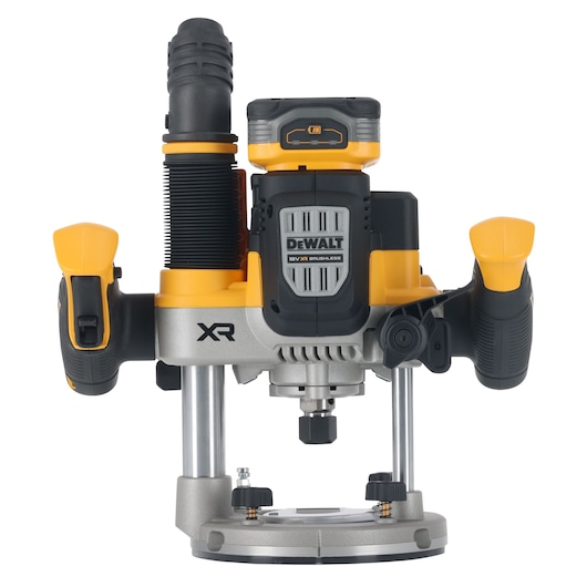 Front view of a DEWALT cordless brushless router, model DCW620H2, featuring yellow and black color accents, dual handles, and a dust extraction port, designed for woodworking and precision cutting.