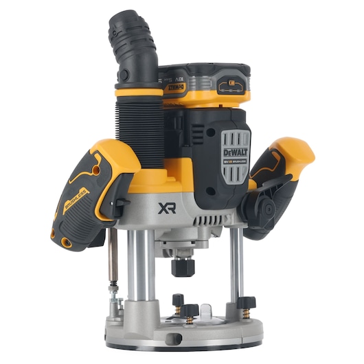 A DEWALT cordless brushless plunge router with ergonomic handles, shown in a yellow and black design. The tool features an XR logo, dust extraction attachment, and a sturdy metal base, suitable for precision woodworking tasks.