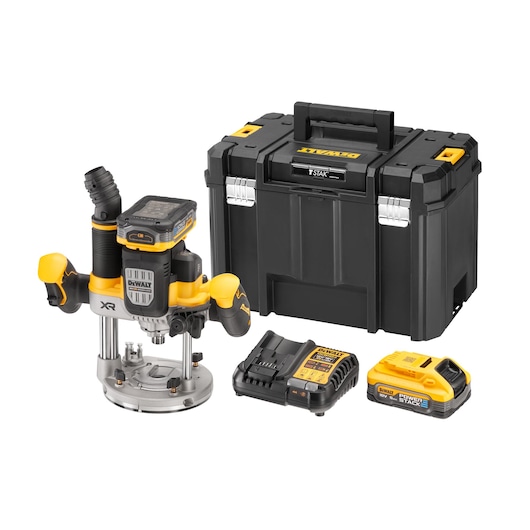 A DEWALT cordless router kit is displayed, including a compact router tool with yellow and black handles, a battery, a charger, and a sturdy black case for storage.