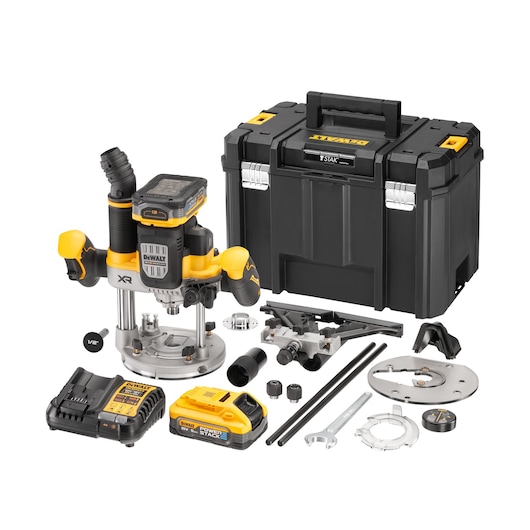 A DEWALT cordless router kit with multiple components including a yellow and black router, charger, battery, a variety of attachments and accessories, and a large black carry case.