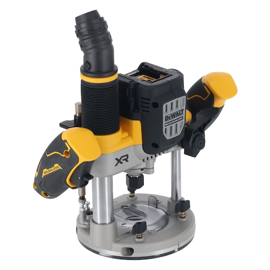 A DEWALT cordless plunge router with a brushless motor, featuring yellow and black handles and an XR logo. The base is metallic, and the device has an exhaust port and battery compartment on top.