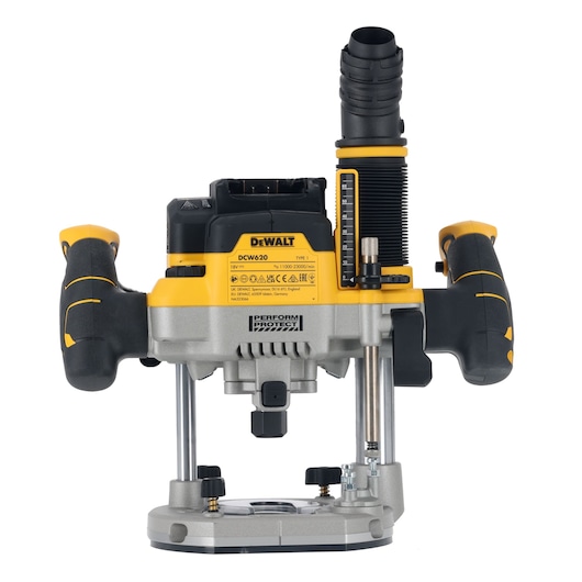 Front view of a DEWALT DCW620NT cordless plunge router, featuring a yellow and black design with two ergonomic handles and adjustment markings. The router is designed for precision woodworking tasks.