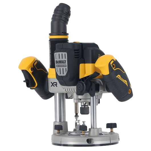 A DEWALT cordless brushless plunge router with yellow and black handles, metallic base, and a dust extraction port, designed for woodworking and professional applications.