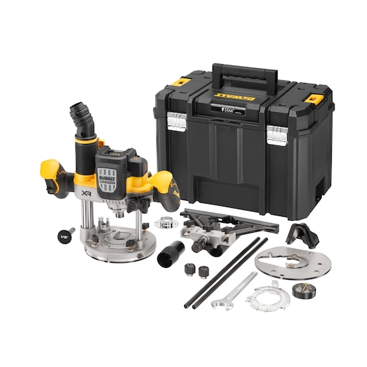 DEWALT cordless plunge router set with yellow and black router, multiple accessories, and a sturdy black carrying case.