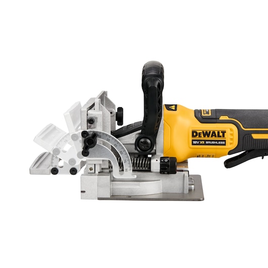 A DEWALT 18V XR brushless biscuit joiner tool with an adjustable metal angle guide and black and yellow handle, shown in a side profile against a white background.