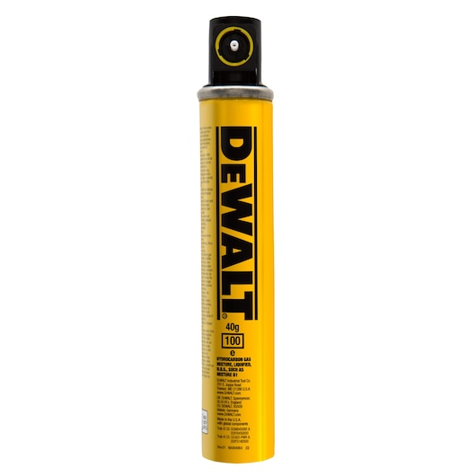 A tall yellow DEWALT canister with a black spray nozzle, labeled as hydrocarbon gas, and marked with 40g and 100 units, standing upright against a white background.