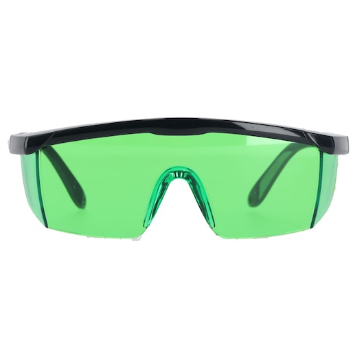 DEWALT green safety glasses DE0714G-XJ, DE0714G for photography. Front view, black frame, green lens.