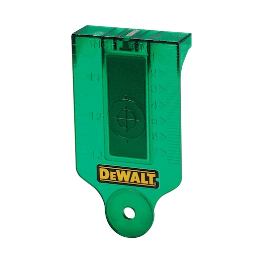 A green plastic DEWALT target plate with measurement markings in inches and centimeters, featuring a central bullseye, used for photography or laser detection.