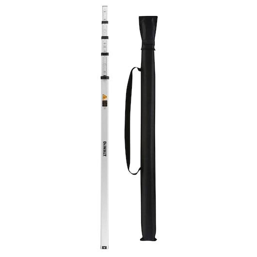 A DEWALT telescopic measuring rod with a black carrying case, designed for use in photography or construction. The rod is extendable and marked with measurement units.