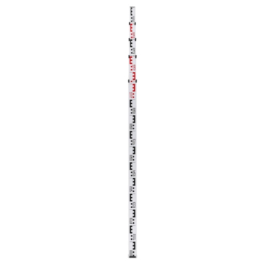 A telescopic leveling staff used in surveying, with black and red markings and numbers on a white background.