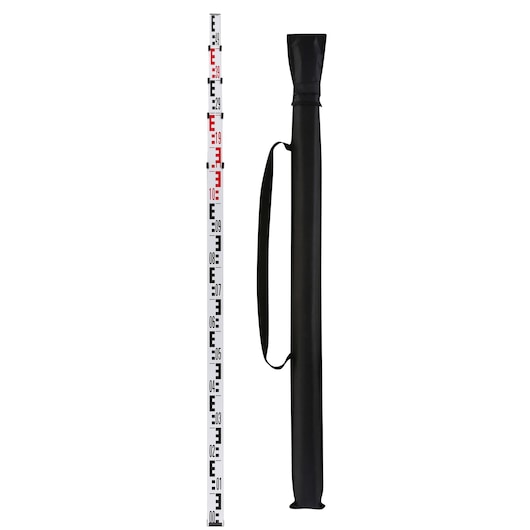 A collapsible survey leveling staff with measurement markings in black and red, shown next to a black carrying bag with a shoulder strap. Both items are standing upright on a white background.