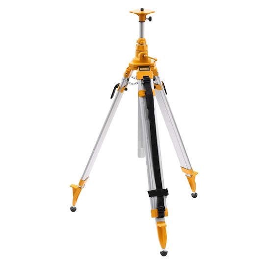 A DEWALT aluminum tripod with yellow accents, featuring adjustable legs and a central column, designed for photography or supporting measuring equipment.