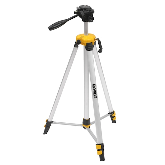 A DEWALT aluminum tripod with adjustable legs and a handle, designed for mounting cameras or measuring instruments.