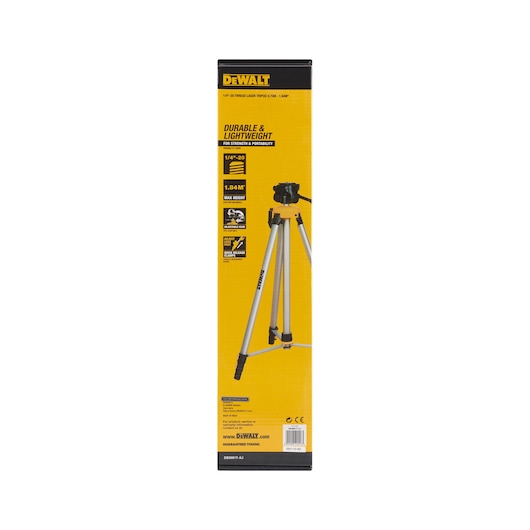 Front view of a DEWALT DE0881T tripod packaging box. The box is yellow with black accents, and features information about the product, including its durability, lightweight design, maximum height of 1.84 meters, and compatibility with 1/4"-20 thread mounts. An image of the tripod is shown on the front.