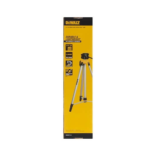 DEWALT branded packaging for the DE0881T tripod, featuring product information such as maximum height of 1.84 meters, durable and lightweight design, and compatible with 1/4"-20 thread. The yellow and black box displays an image of the tripod.