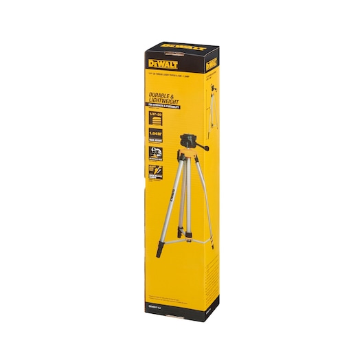 DEWALT DE0881T tripod in its packaging, showing a yellow and black box with product details and an image of the tripod on the front.