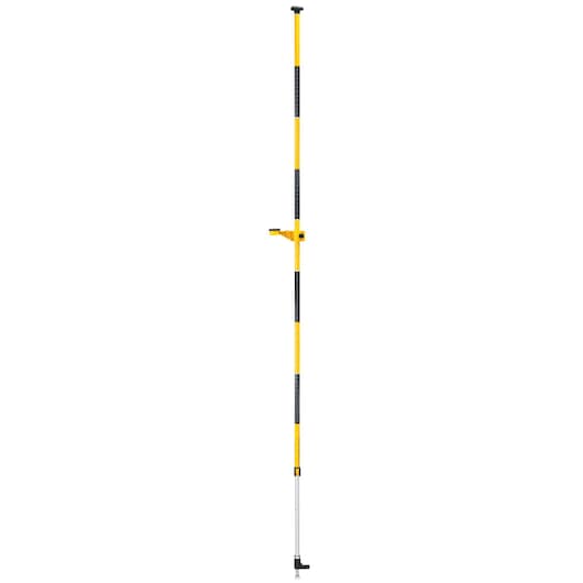 A DEWALT telescopic tripod pole with measurement markings and an adjustable mounting bracket, designed for use with photography and laser tools.