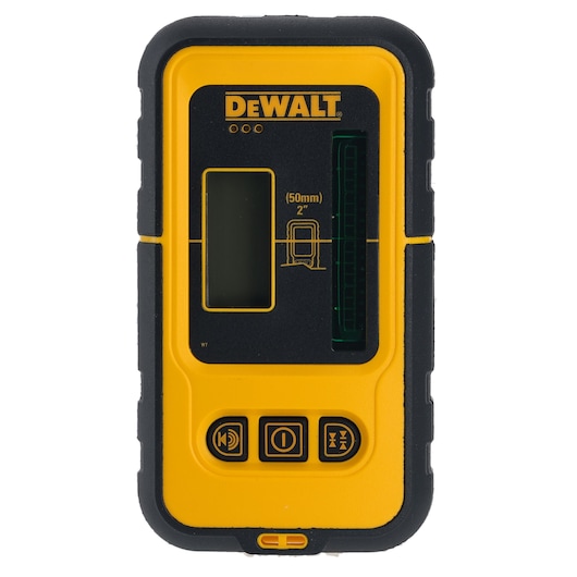 Front view of a DEWALT laser detector, model DE0892G, used in photography and construction for detecting green laser lines. The device is primarily yellow with black accents and has a digital display, indicator lights, and control buttons.