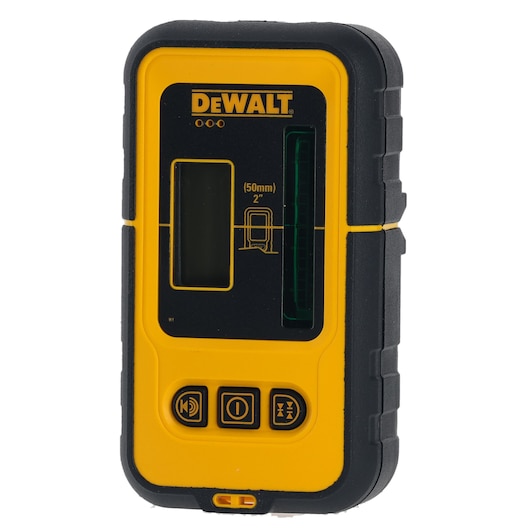 A DEWALT branded yellow and black electronic device with a display screen and control buttons, designed for use as a laser detector model DE0892G.