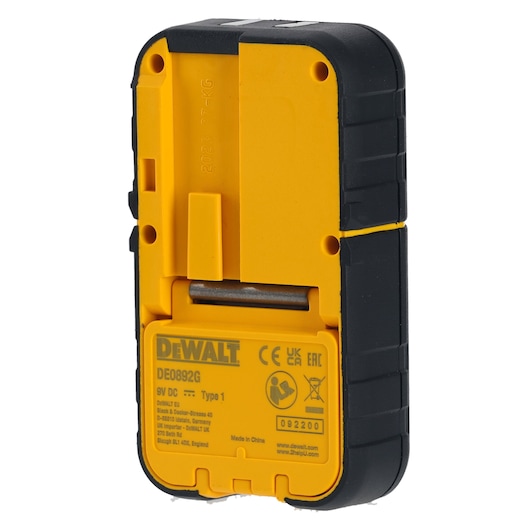 Rear view of a DEWALT DE0892G remote control receiver with a yellow and black casing, showing product labels, specifications and battery compartment.
