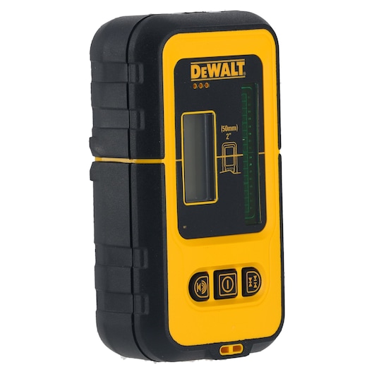 A close-up image of a DEWALT DE0892G green beam laser detector with durable black and yellow casing, display screen, and control buttons on the front.