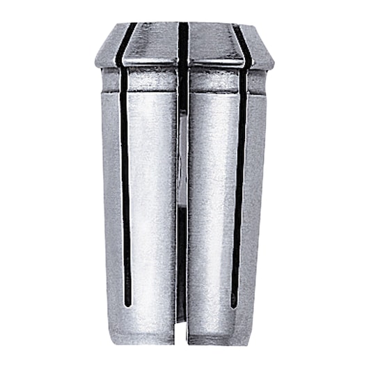 Silver metal collet for DEWALT power tools, cylindrical with slots on sides, used for holding bits securely.