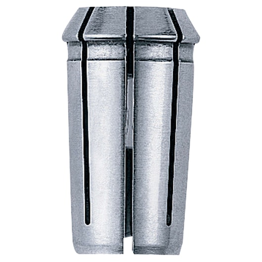 A close-up image of a metallic router collet, used to securely hold cutting tools in a power tool.