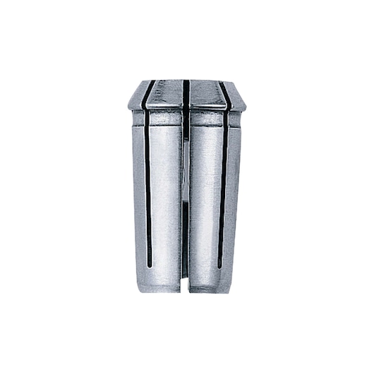 A close-up image of a metallic tool part, specifically a cylindrical collet with vertical slots. The part has a polished silver finish and is used for holding a tool or bit securely in machinery.