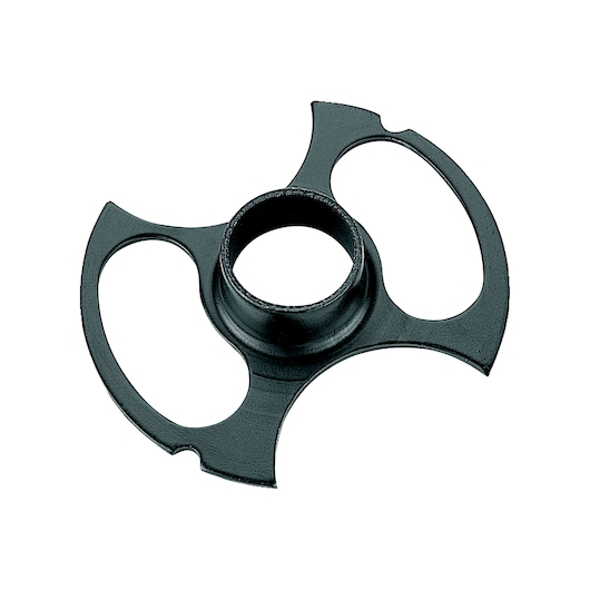 A black metal centering guide for a router, designed for precise positioning when using power tools. The item has a three-armed shape with a central circular opening.