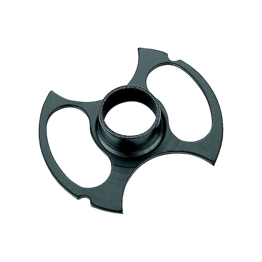 A black metal accessory part for DEWALT photography equipment, designed with a central circular opening and two curved handle-like extensions.