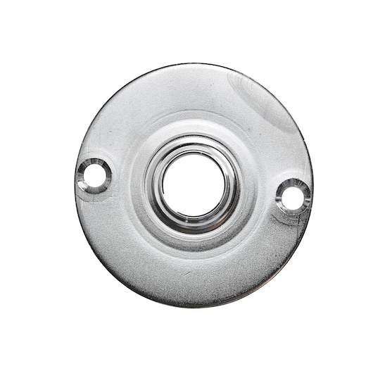 A clear, round plastic router base plate with a central hole and two screw holes, viewed from above on a white background.