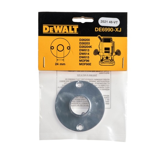 DEWALT DE6990-XJ router sub-base plate, 24 mm, in original packaging. The packaging shows compatibility with several DEWALT router models and includes a diagram and illustration of a router.