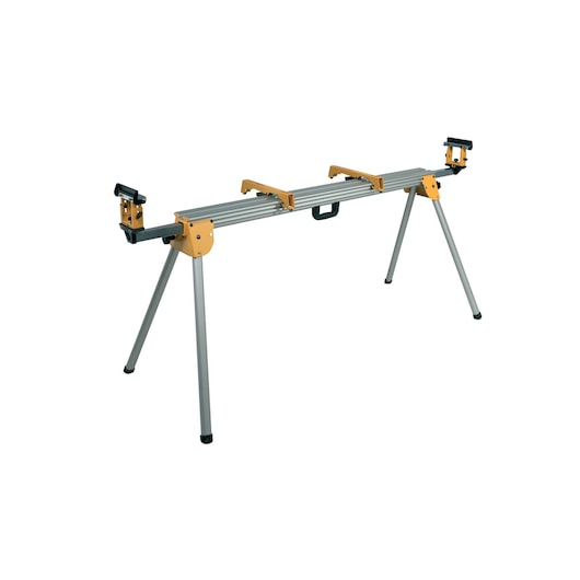 A DEWALT metal work stand with foldable legs and adjustable supports, used for supporting saws or other equipment.