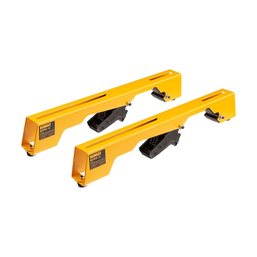 Pair of yellow DEWALT metal brackets for photography setup, with black clamping mechanism.