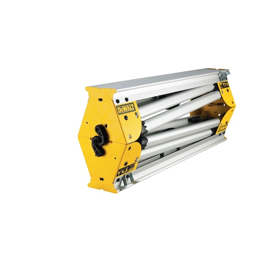 Folded DEWALT DE7035 yellow and silver stand, designed for supporting materials and tools, shown in a compact form for easy transport or storage.