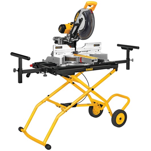 A DEWALT miter saw mounted on a yellow folding stand with wheels and adjustable side supports, designed for woodworking and construction tasks.