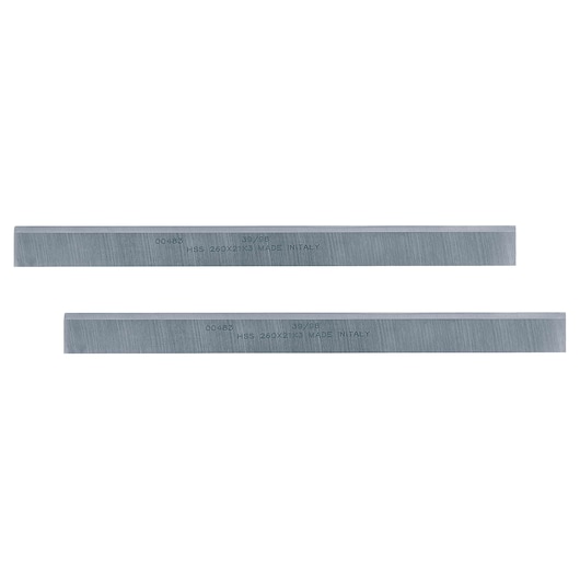 Two rectangular metal planer blades, shown side by side on a white background. Each blade is inscribed with specifications and manufacturing details.