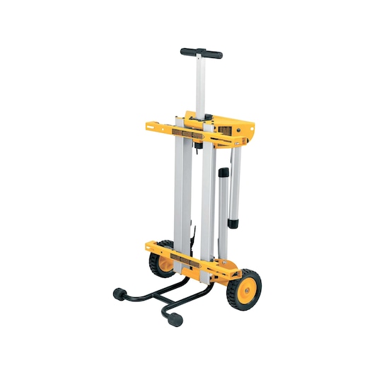 Folded portable saw stand with two wheels, a yellow and silver frame, and a black handle, designed for easy transport and storage of saws.