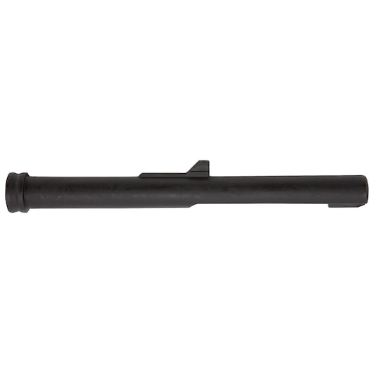 A black cylindrical metal tube, photographed on a white background. The object has a small protruding tab along its length.