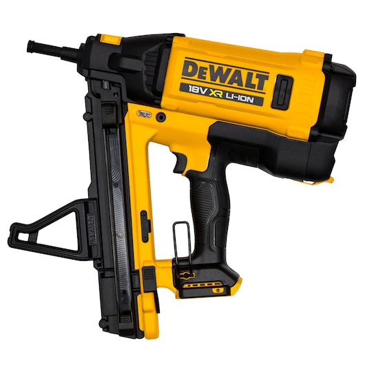 A yellow and black DEWALT 18V XR Li-Ion cordless nail gun, model DGN845N, designed for construction and woodworking tasks.