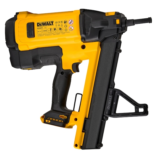 A DEWALT DGN845N cordless nail gun, primarily yellow and black, showing its handle, trigger, magazine, and branding details.