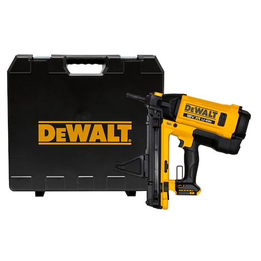 A DEWALT 18V XR Li-Ion cordless nail gun and a black carrying case with the DEWALT logo.